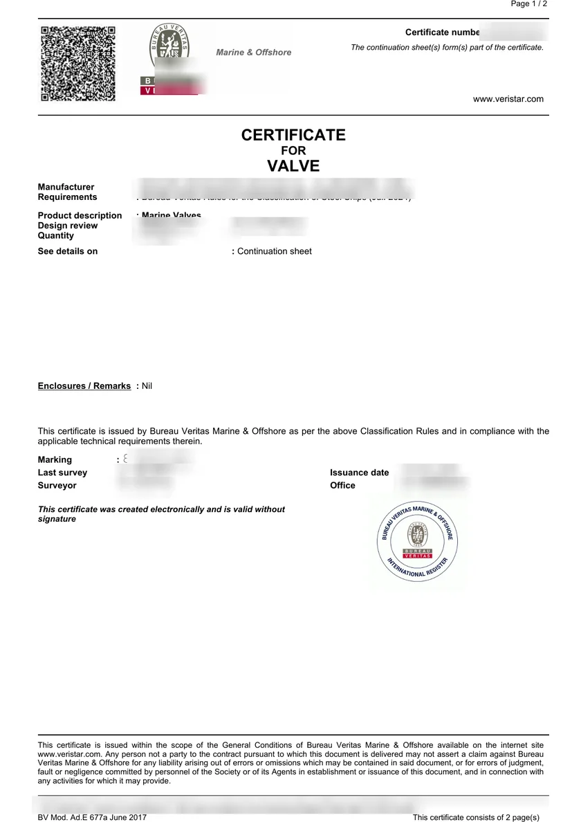 Marine valve product certificate