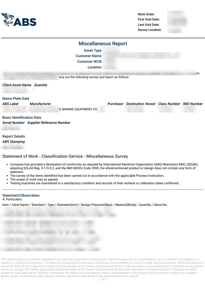 Marine valve inspection report