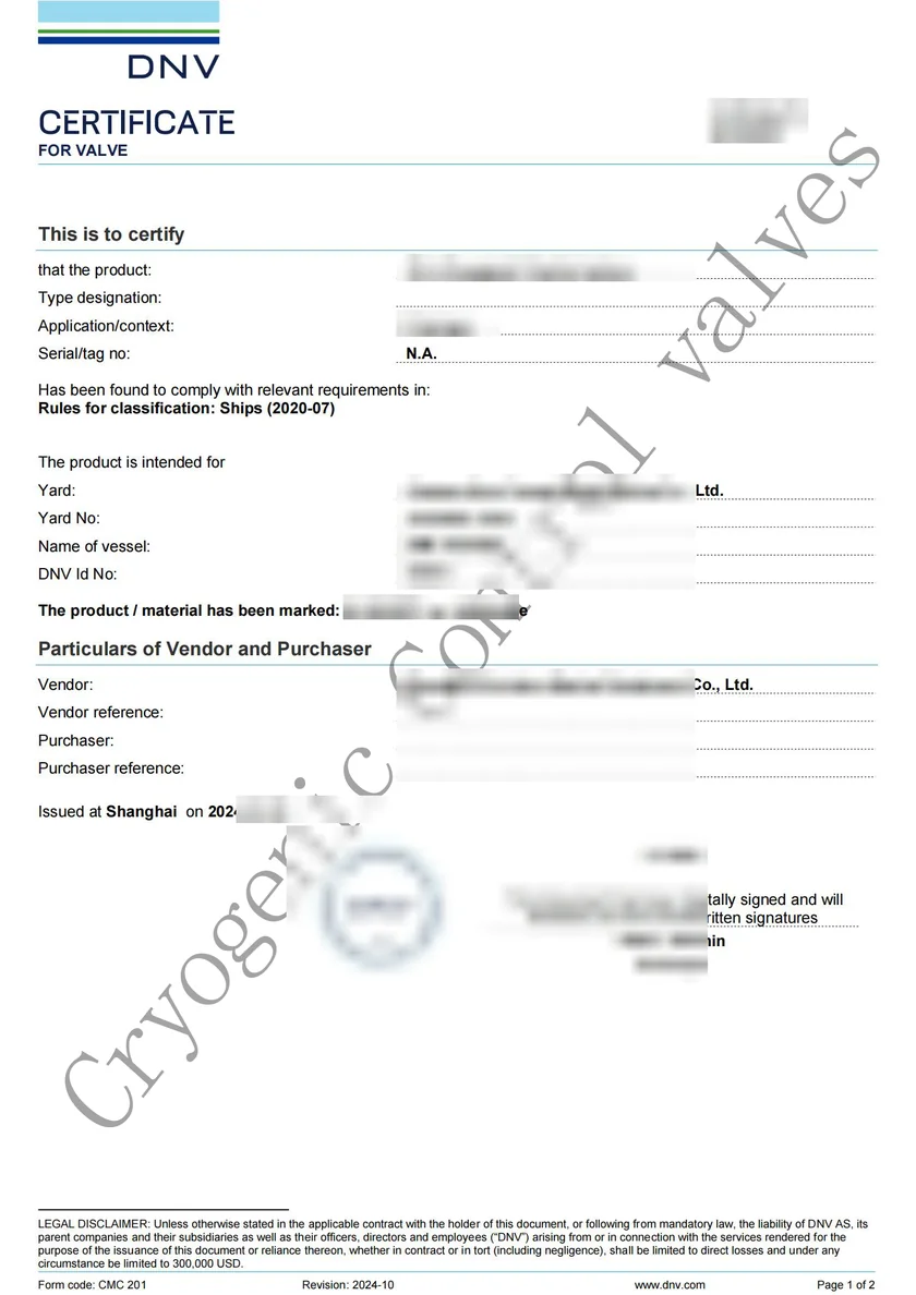 Valve certificate document