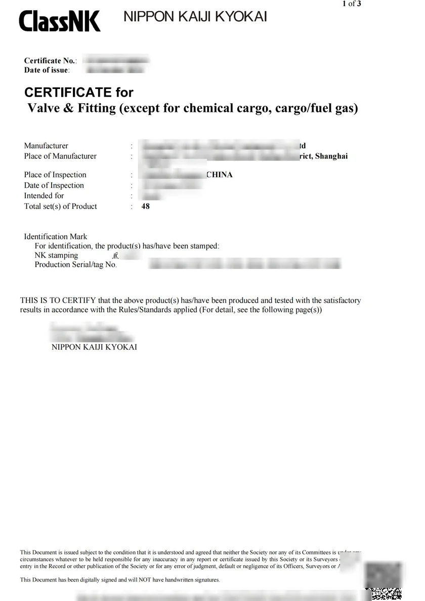 Valve and fitting certificate document