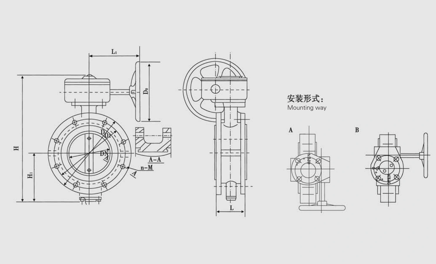 Marine Center-Pivoted Flanged Worm Manual Butterfly Valve (GB/T3036-94Fc) Structure Drawing
