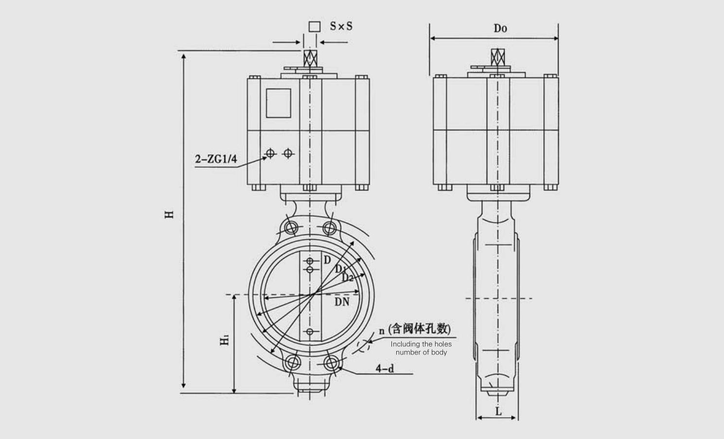 Marine Center-Pivoted Pneumatic Butterfly Valve (GB/T3036-94Q) Structure Drawing