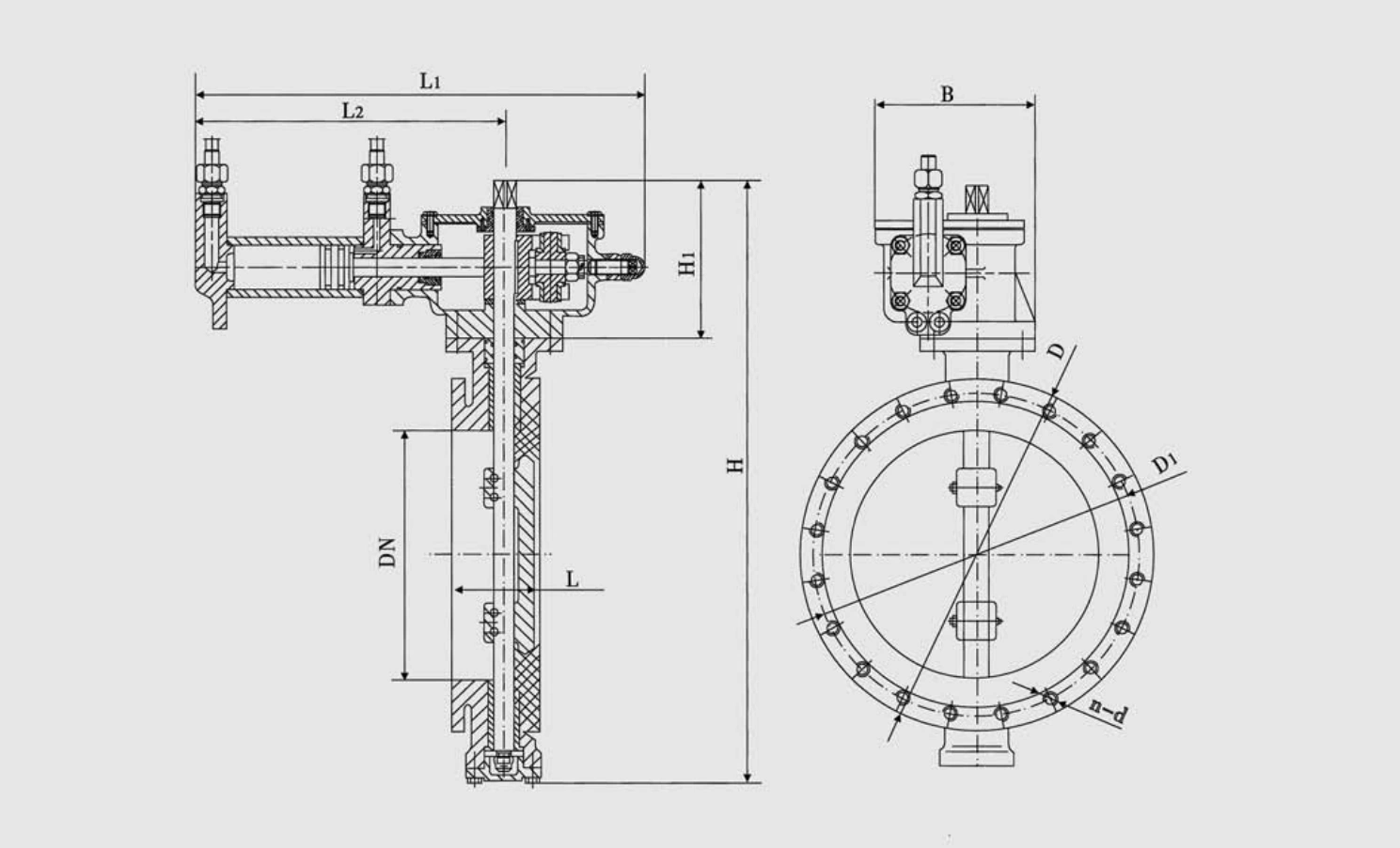 Marine Duo-Eccentric-Pivoted Simplex Flanged Hydraulic Butterfly Valve (GB/T3037-94Fy) Structure Drawing